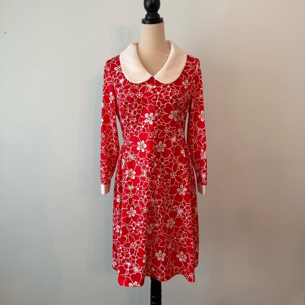 Red Floral-Petal Dress with Contrast Collar